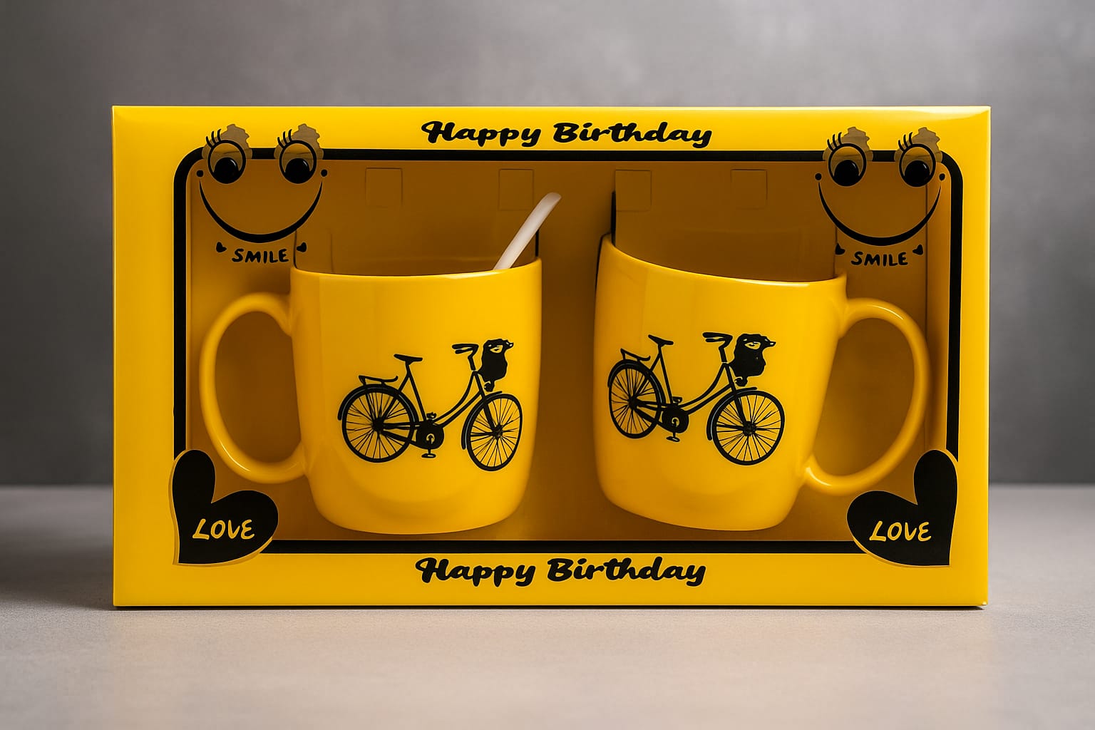 হ্যাপি বার্থডে স্মাইল মগ গিফট সেট – ইয়েলো সিরামিক কাপল মগ বাইসাইকেল ডিজাইনে – জন্মদিনের উপহার