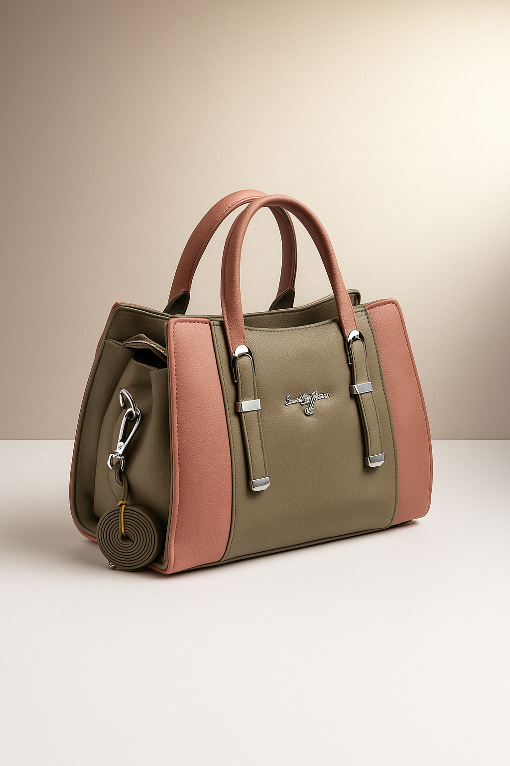 লাক্সারি টু-টোন লেডিস হ্যান্ডব্যাগ (অলিভ গ্রিন & কোরাল পিঙ্ক) – স্টাইলিশ লেদার ব্যাগ ফর উইমেন - Image 4