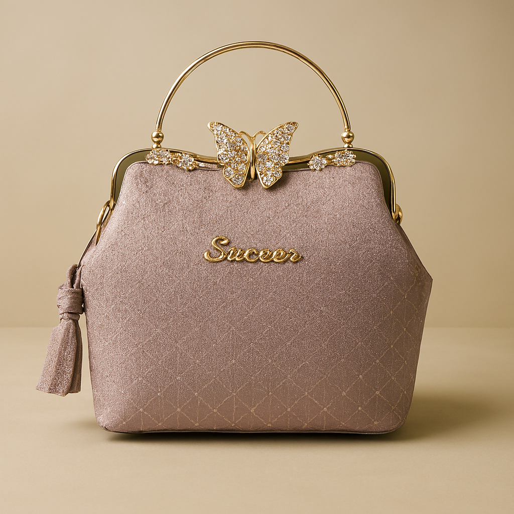 মহিলাদের গ্লিটার বাটারফ্লাই হ্যান্ডব্যাগ উইথ গোল্ড চেইন স্ট্র্যাপ - ডাস্টি রোজ Women's Glittering Butterfly Handbag with Gold Chain Strap - Dusty Rose