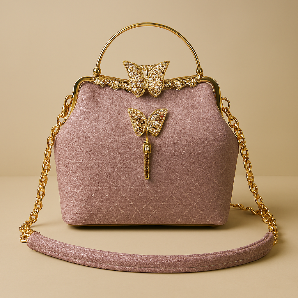 মহিলাদের গ্লিটার বাটারফ্লাই হ্যান্ডব্যাগ উইথ গোল্ড চেইন স্ট্র্যাপ - গোলাপি Women's Glittering Butterfly Handbag with Gold Chain Strap - Pink